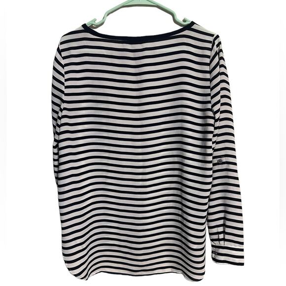 Loft Size Small Navy and White Stripe Lightweight Blouse Roll Tab Sleeve - Picture 2 of 6